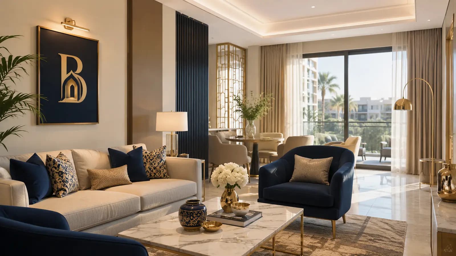 A furnished Bayora Stays living room with seating, a dining area and a balcony window.